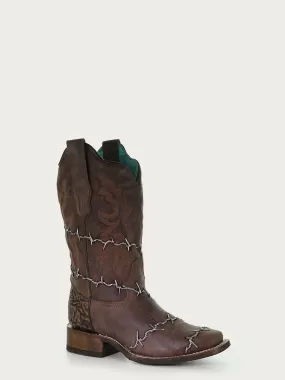 A3815 - WOMEN'S BROWN WOVEN BARBED WIRE SQUARE TOE RODEO COWBOY BOOT