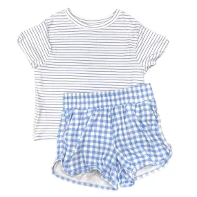 Adult Short Crop Lounge Set - Blue Gingham