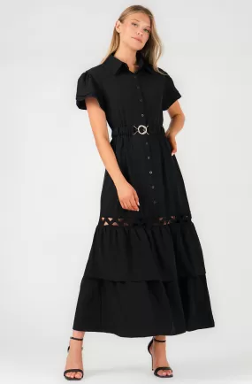 Belted Buttoned Maxi Shirt Dress with Ruffled Short Sleeves