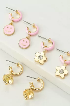 HUGGIE HOOP MUSHROOM SMILEY FACE FLOWER EARRINGS SET