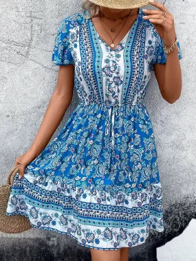 Sunset Vacation Printed V-Neck Flutter Sleeve Mini Dress